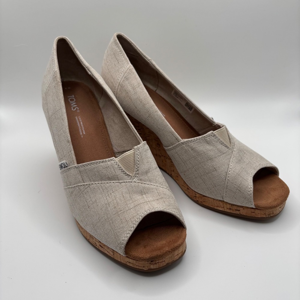 TOMS Wedge Sandals Womens 9 Beige Canvas Peep Toe Cork Heel